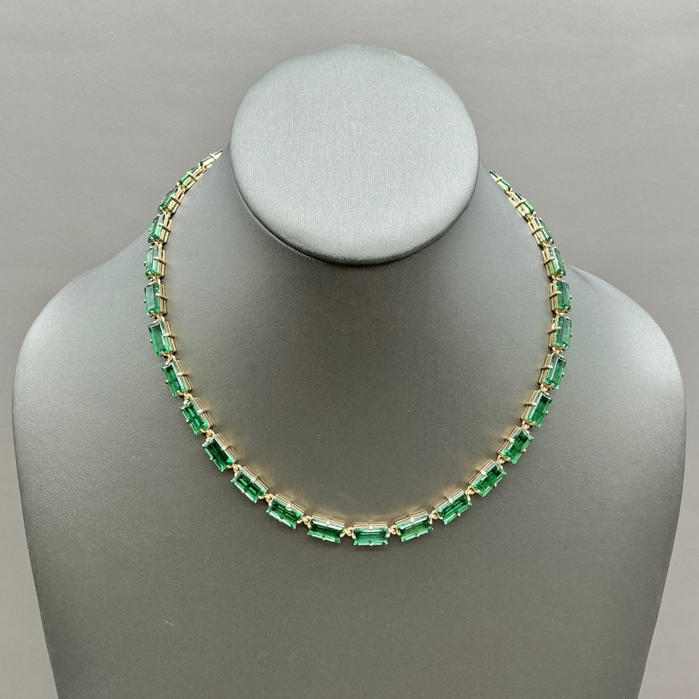 Lauren Ralph Lauren Necklace Green Crystal Emerald Cut Gold Tone Statement 18"